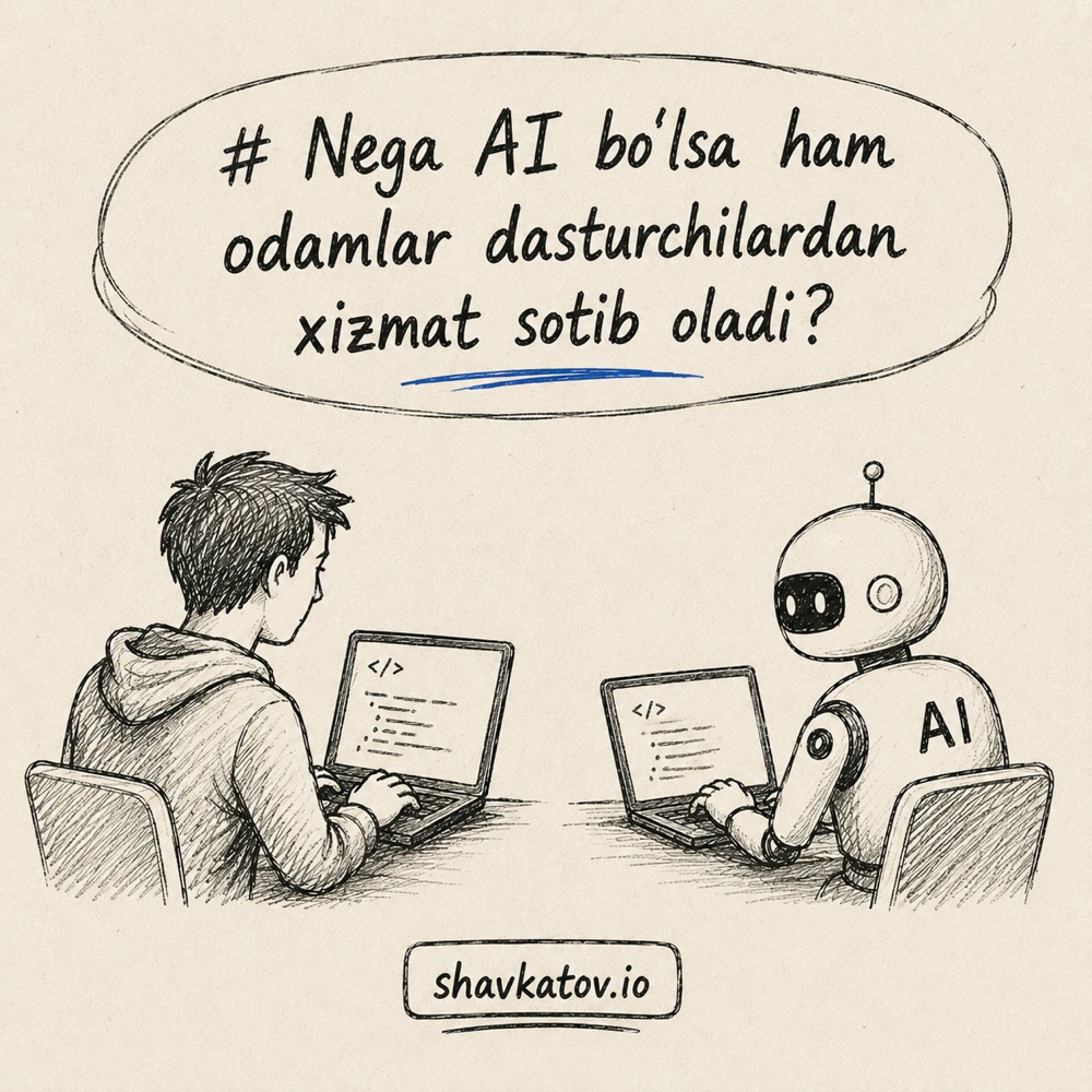 Dasturchi va AI robot yonma-yon noutbukda kod yozmoqda — "Nega AI bo'lsa ham odamlar dasturchilardan xizmat sotib oladi?"